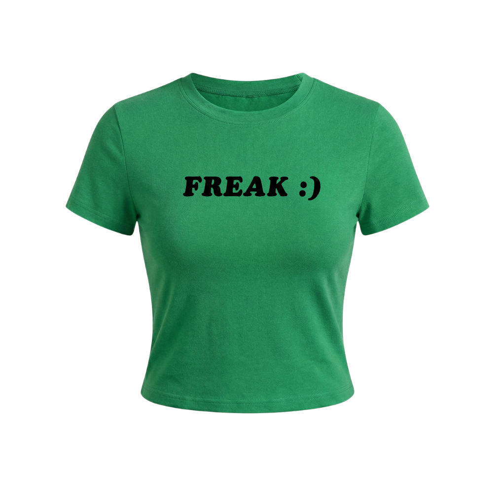 zielona koszulka z czarnym napisem "FREAK :)"