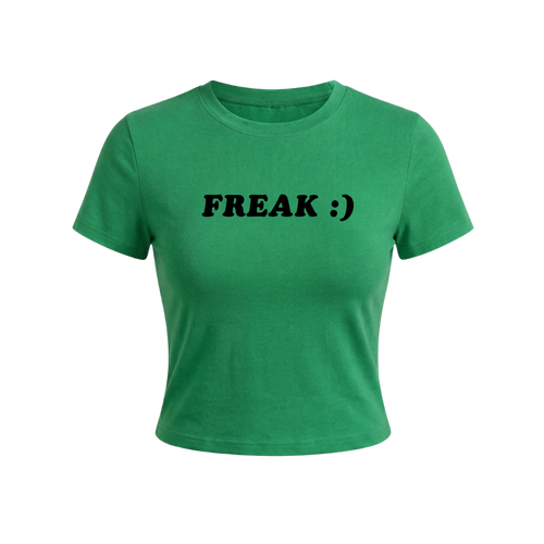 zielona koszulka z czarnym napisem "FREAK :)"