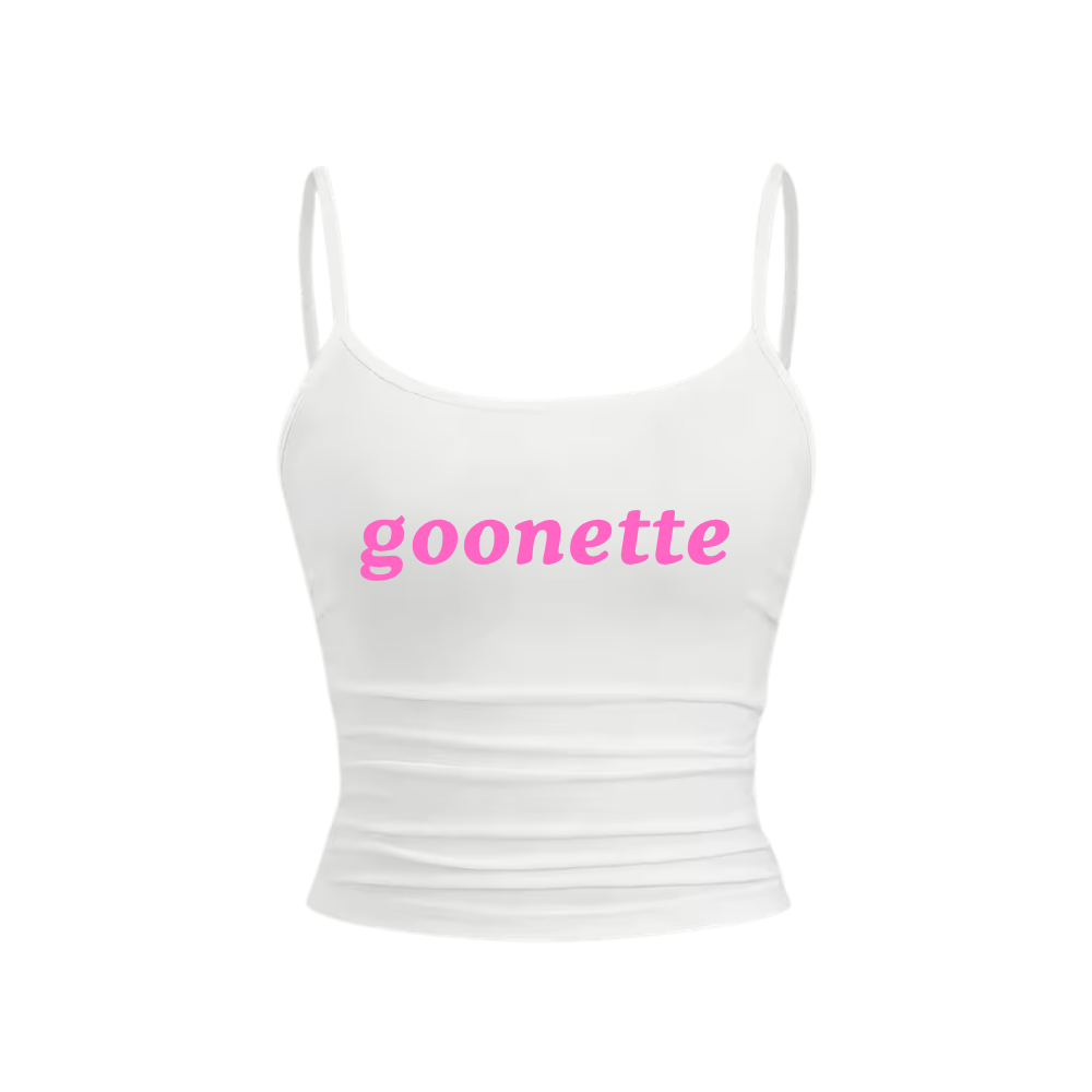 biały top na ramiaczkach z napisem ''goonette''