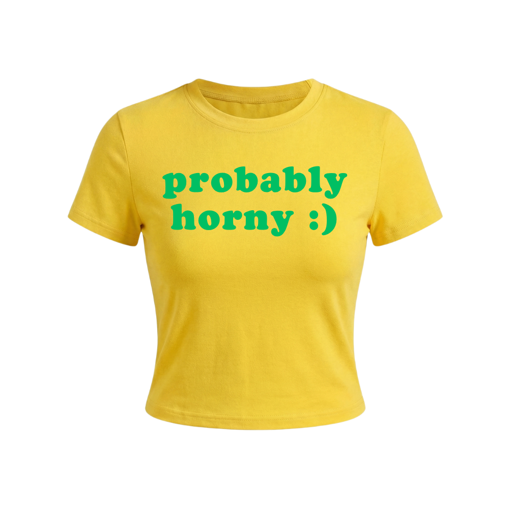 żółta koszulka z zielonym napisem ''probably horny''
