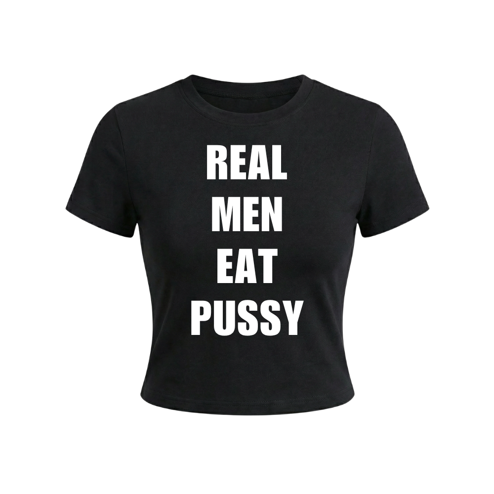 czarna koszulka z napisem REAL MEN EAT PUSSY